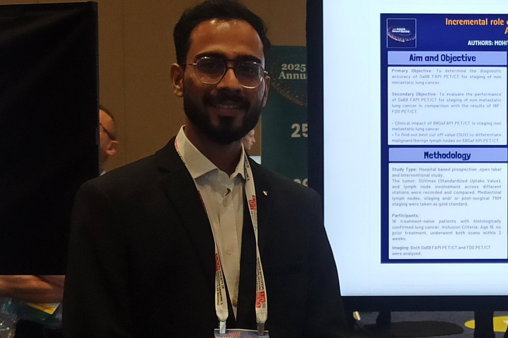 Dr. Mohit Seth presenting his Ga-68 FAPI PET/CT research poster at SNMMI 2025