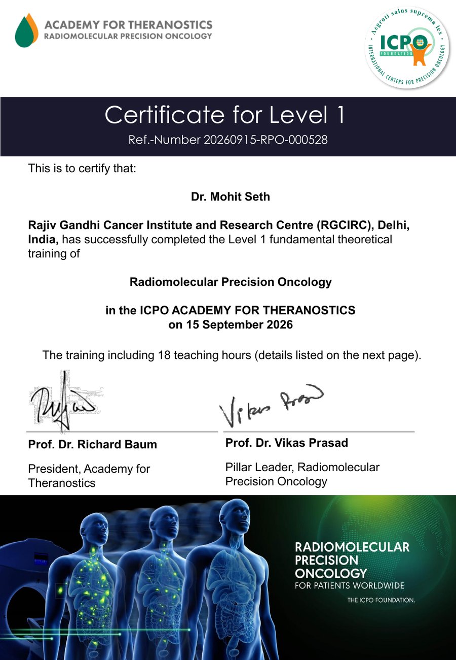 ICPO Academy for Theranostics — Level 1 Radiomolecular Precision Oncology certificate for Dr. Mohit Seth